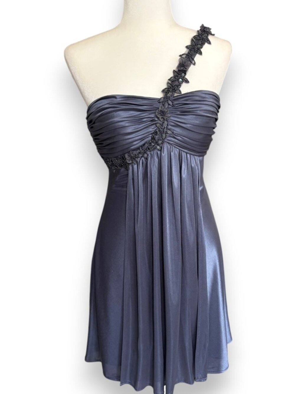 Y2K Morgan & Co Babydoll One Shoulder Silky Dress with Floral Applique XS